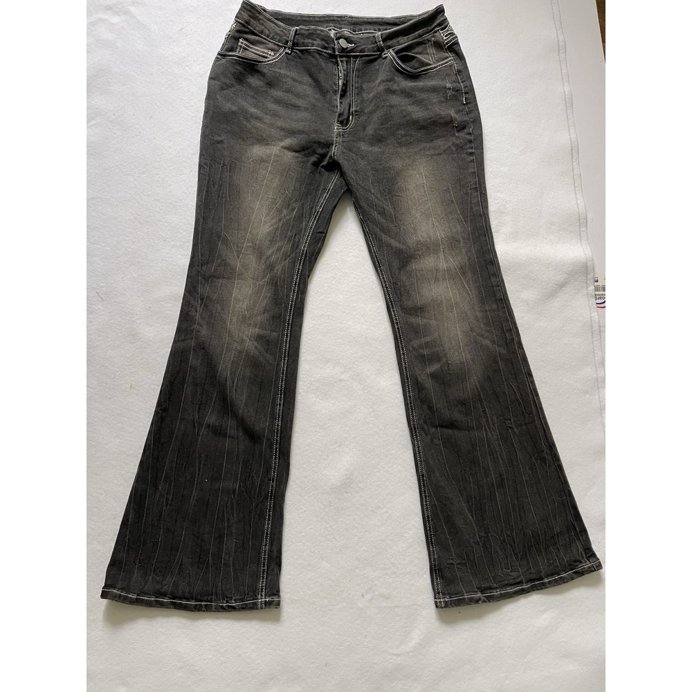 Romwe Y2K Embroidered Flare Black Faded Denim aesthetic cowboy rodeo sequins 12